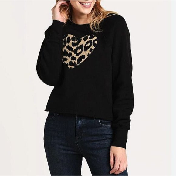 Sundry Womens Size 1 (US S) Leopard Heart Cropped Raw Hem Sweatshirt Black Cute - Picture 12 of 12